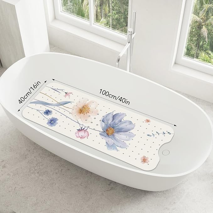SHUCHING Watercolor Flower Bath Mat for Tub Non Slip-40 X 16Inch, Bathtub Mat Anti Slip for Women, Extra Long Shower Mat for Bathroom Mold Free, Machine Washable