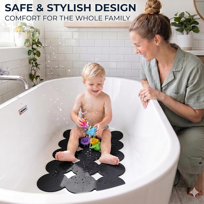 Webos Patented Non Slip Bathtub Mat Shower Mat Bath Mat Tub Mats with Strong Suction Cups Soft Natural Rubber Bath Mat for Inside The tub (Circle-Black, 28x16 inch)