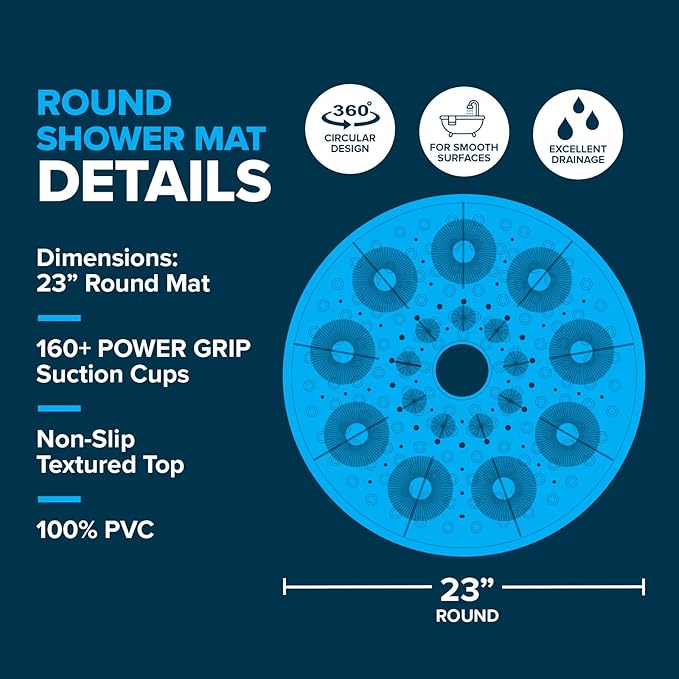 SlipX Solutions Power Grip Round Vinyl Standard Shower Stall Mat, 23” Round, Non-Slip for Elderly & Kids Bathroom, Essential Coverage, Drainage, 160 Suction Cups, Retro Style (2, Clear)