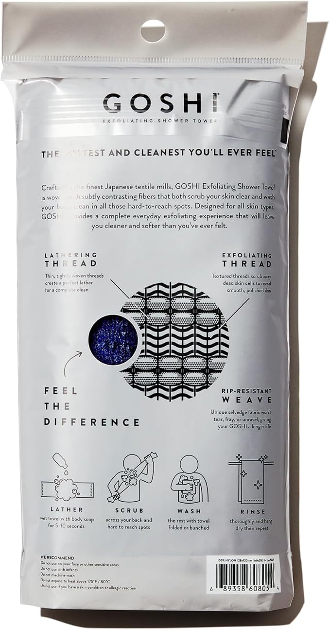 GOSHI Exfoliating Shower Towel - Long Body Scrubber for Back Acne, KP & Smooth Skin - Durable Rip-Resistant Weave, Quick-Dry Nylon Washcloth - Ethically Crafted in Gunma, Japan - Blue