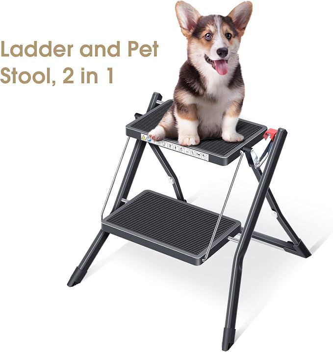 KINGRACK Folding Step Ladder, 2 Step Foldable Step Stool, Portable Stepladder with Handle, Non-Slip Rubber Mat, Release Button, Small Household Stepping Stool for Home Kitchen, for up to 330lbs, Black