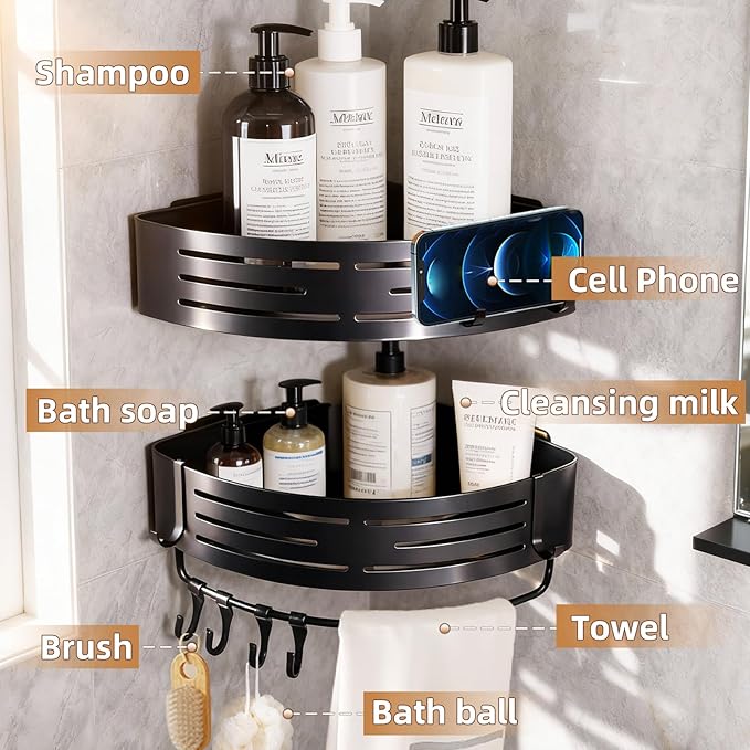 Corner Shower Caddy,Adhesive Shower Caddy,No Drilling Bathroom Organizers And Storage,Bathroom Corner Shower Shelves,Estantes Para Baños,Shower Caddy Adhesive Pad With Towel Bar Hooks（2-Pack，Black）