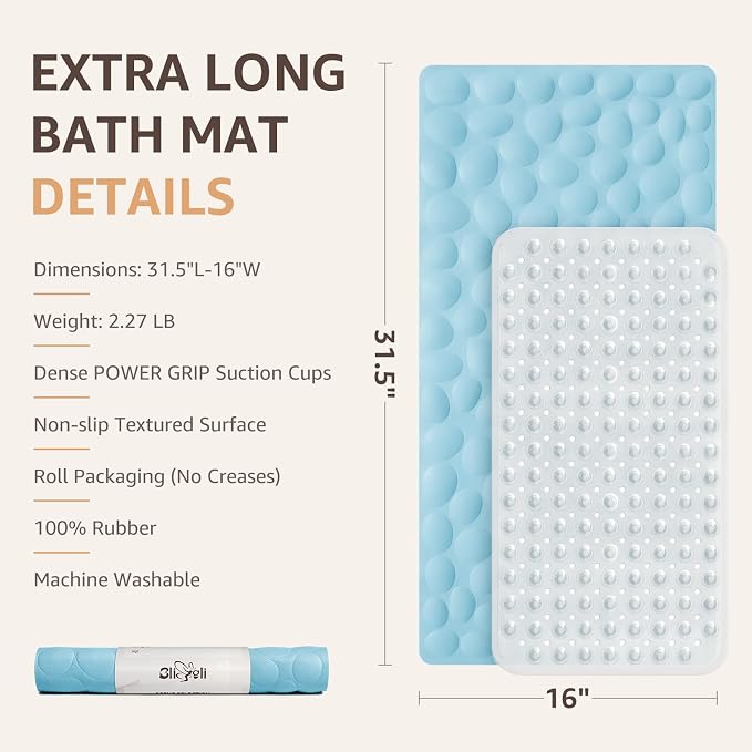 Bligli Non Slip Bathtub Mat, 16x31.5 Inch Standard Non-Slip Bathmats with Strong Suction Cups, Soft Rubber Anti-Slip Bathroom Floor Mat, Machine Washable, Comfort on Feet, 100% BPA Free (Sky Blue)