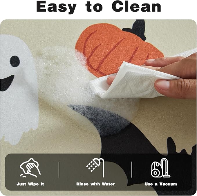 TYUU Halloween Bath Mat, Thin Bathroom Rug Non Slip Quick Dry Pumpkin Bath Mat Fits Under Door Thin Floor Mat Halloween Decor, 24''x36'', Pumpkins Bats and Ghost