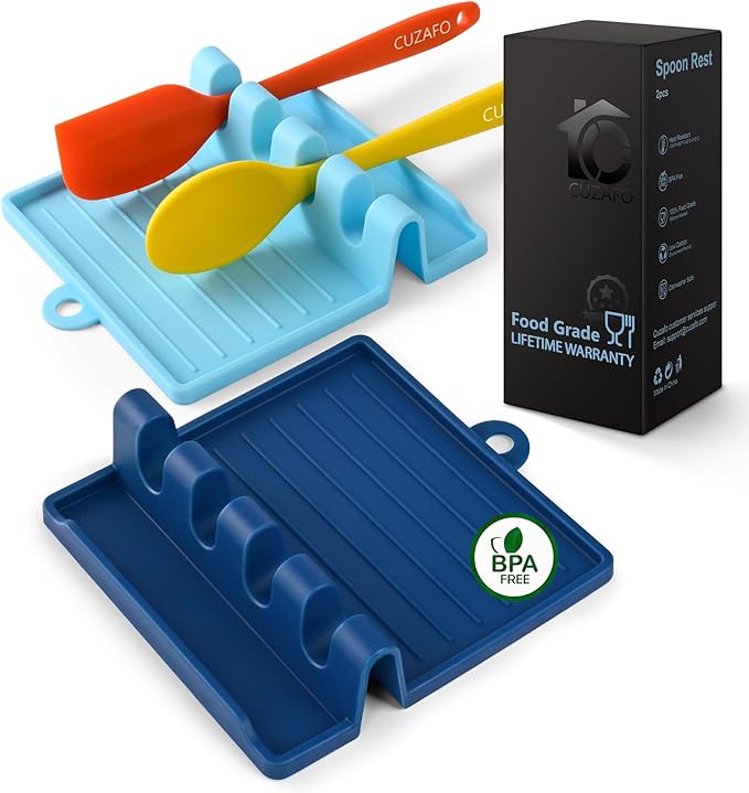 2-PACK 600°F Heat Resistant Silicone Spoon Rest, Multiple Utensil Rest, BPA Free Easy to Clean Dishwasher Safe, Blue (Deep+Light)