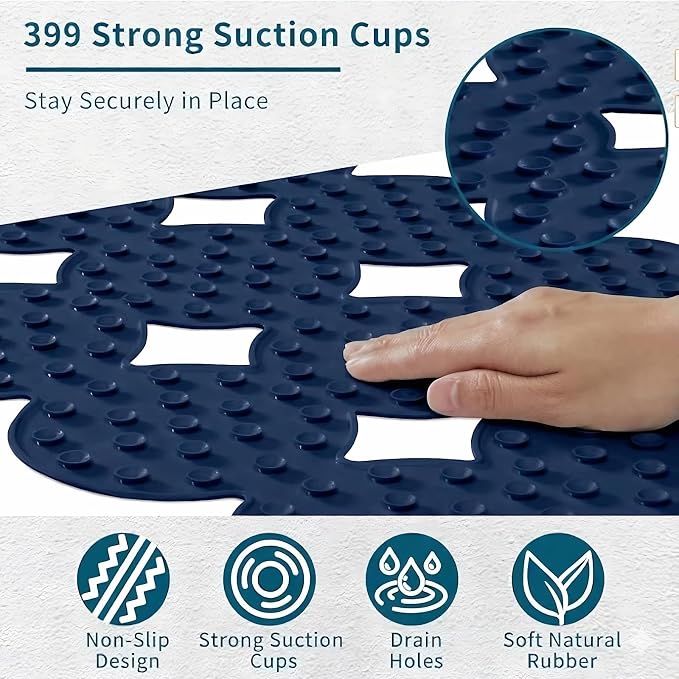 Webos Bathtub Mat Non Slip: Extra Long Rubber Bath Mat for Tub with Strong Suction Cups 15.4" x 37.8" Anti Slip Shower Mat, Big Drain Holes Bathroom Mats for Tub & Shower, Circle-Ivy Blue