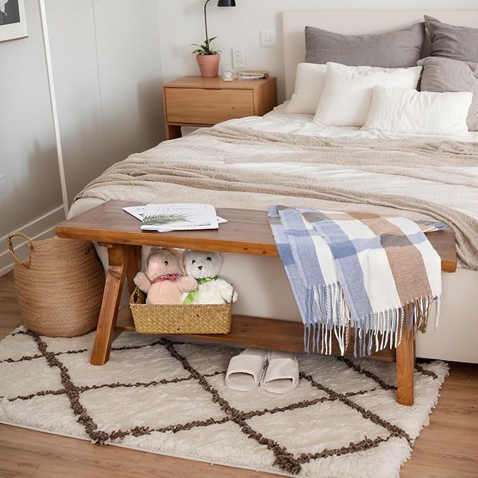 SwallowLiving 43 Inch Farmhouse Storage Bench, Rustic Solid Wood Entryway Bench for Living Room, Dining Room, Hallway | Indoor Seating with Natural Wood Finish