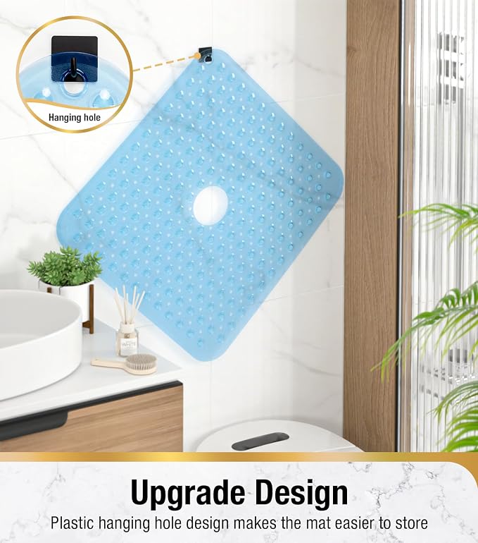 HITSLAM Shower Bathtub Mat Non Slip, 24"x 24" Bath Mat for Tub, Soft PVC Shower Mats for Inside Shower with Suction Cups and Center Drain Hole, Machine Washable Bathroom Floor Mat, Blue