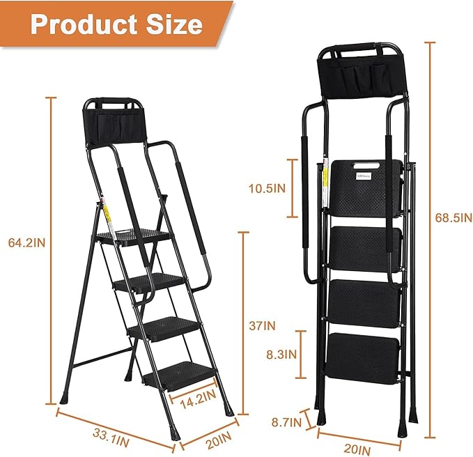 HBTower 4 Step Ladder with Handrails, 330 lbs Folding Step Stool with Attachable Tool Bag & Anti-Slip Wide Pedal for Home Kitchen Pantry Office, Black