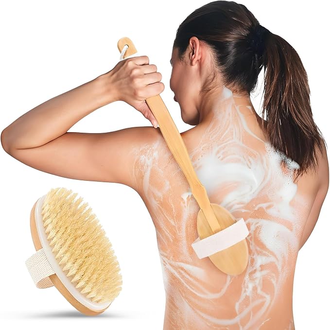 Back Scrubber for Shower - 20" Long Handle Shower Brush - Natural Bristle Back Brush - Ergonomic Handle + Silicone Anti-Slip Grip - Great Gift Idea - Men, Women + Seniors Love This (Regular Bristles)