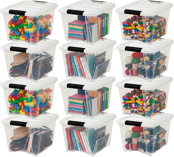 IRIS USA 19 Qt Stackable Plastic Storage Bins with Lids, 12 Pack - BPA-Free, Made in USA - See-Through Organizing Solution, Latches, Durable Nestable Containers, Secure Pull Handle - Clear/White