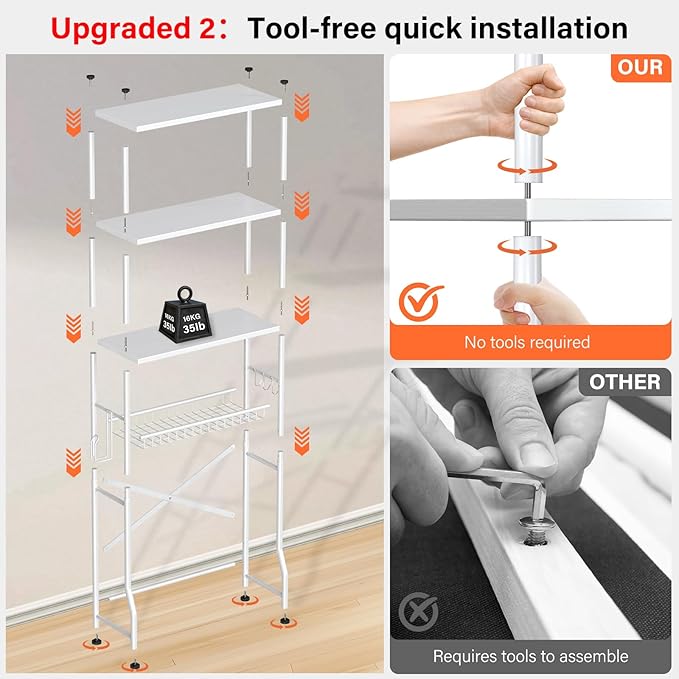 Over the Toilet Storage shelf, 4-Tier Bathroom Organizer Rack, Easy To Install with Adjustable Feet Pad and Basket Freestanding Bathroom Shelves Above Toilet, Space Saver Toilet Storage Cabinet(White)