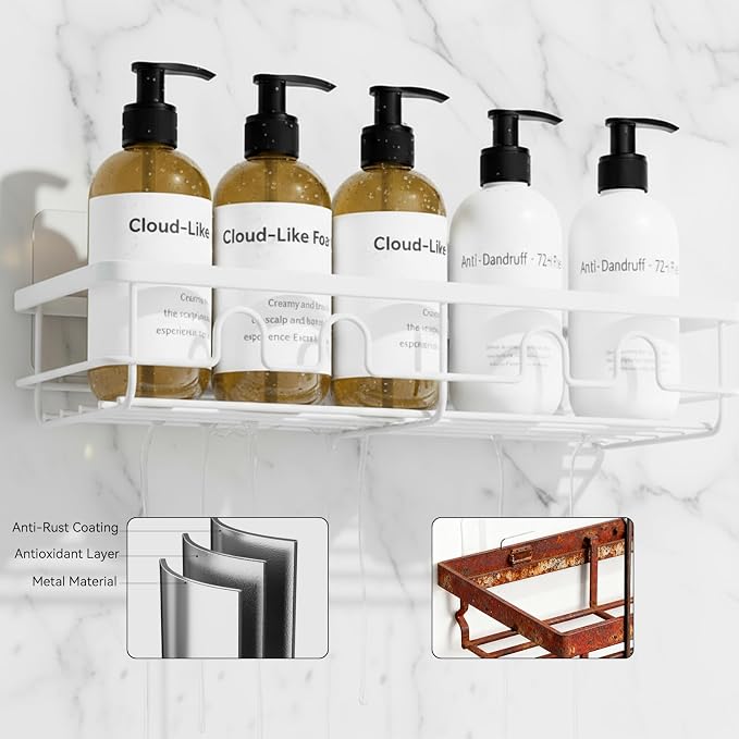 Adhesive Shower Caddy, Large Capacity Shower Racks for Inside Shower, No Drill Bathroom Shower Organizer and Storage, 2 Pack White Bathroom Shelves, Home Decor Rv Accessories, Apartment