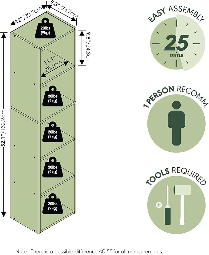 Furinno PASIR Book Shelf, 5-Tier Modern Bookshelf, Open Shelves Bookcase 9 x 12 x 52, Easy Assembly, for Living Room, Bedroom, Home Office, Blackwood