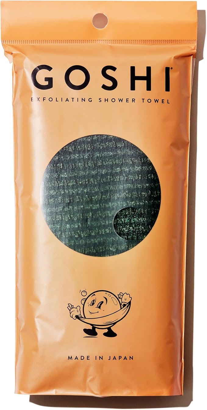 GOSHI Exfoliating Shower Towel - Long Body Scrubber for Back Acne, KP & Smooth Skin - Durable Rip-Resistant Weave, Quick-Dry Nylon Washcloth - Ethically Crafted in Gunma, Japan - Green