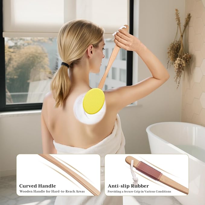 AmazerBath Lotion Applicator for Back, Feet, 4 Replacement Pads with 17" Curved Handle, Back Sunscreen Applicator for Kids, Elderly, Women, Apply Skin Cream Medicine Moisturizer Tanner, Lemon Yellow