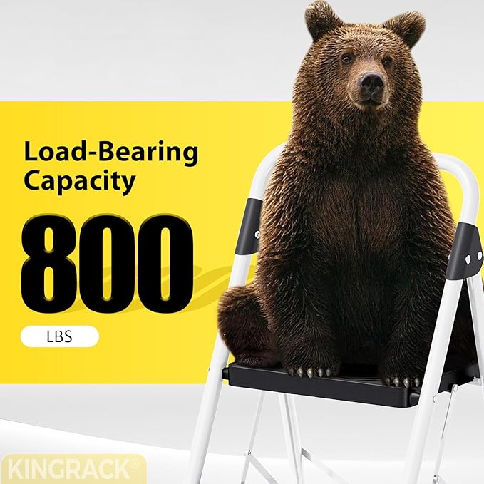 KINGRACK 3 Step Folding Ladder, 800lbs Capacity Step Stool with Safety Lock, Non-Skid Wide Pedals, and Handrail, Lightweight, Household Ladder for Home, Kitchen, Pantry, Closets, and Office Use, White