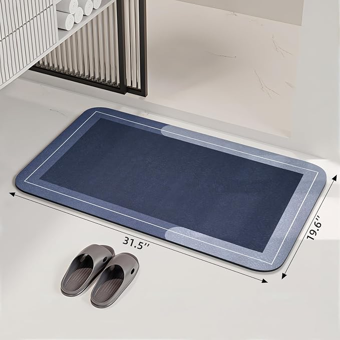 Mordem Diatomaceous Earth Bath Mat Super Absorbent Quick Dry Bath Mat, Bathroom Rugs Non Slip Washable, Thin Blue Bathroom Floor Mats-Shower Rug for in Front of Bathtub Shower, Easy Care,19.6"x31.5"