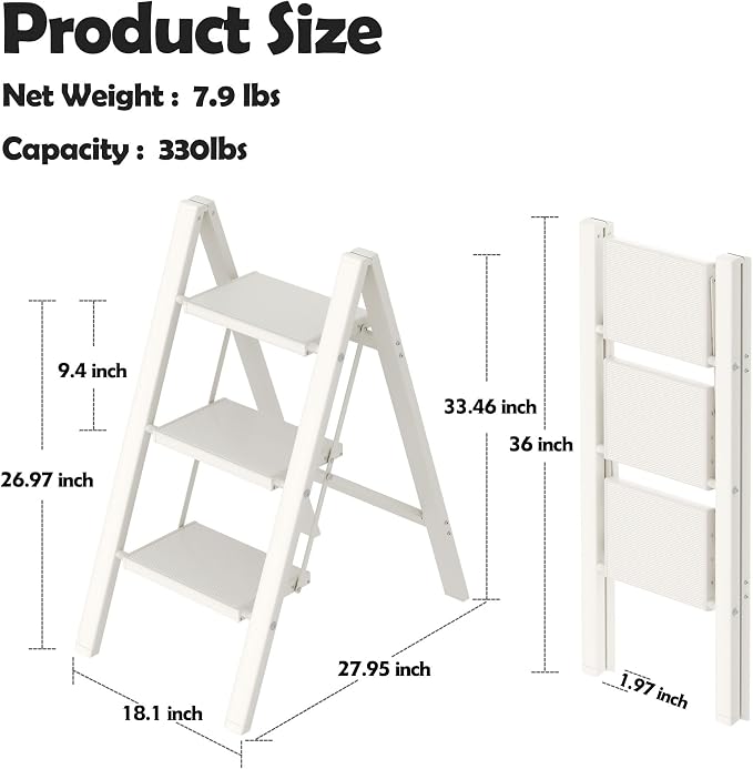 Taranta 3 Step Ladder,Aluminum Lightweight Folding 3 Step Stool with Anti-Slip Wide Pedal,330lbs Capacity Step Ladder for Household,Kitchen,Office - White