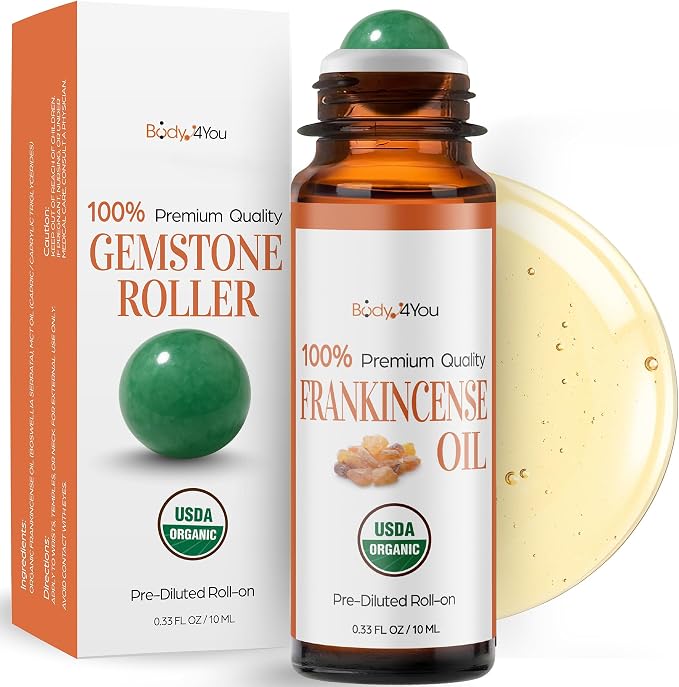 Frankincense Essential Oil Roll On for Calm Anxiety Stress Grounding - 100% Pure USDA Organic MCT Coconut Oil - Soothing Earthy Aroma Anti Aging Skin Care Wellness - Gemstone Roller 10ml Travel Size