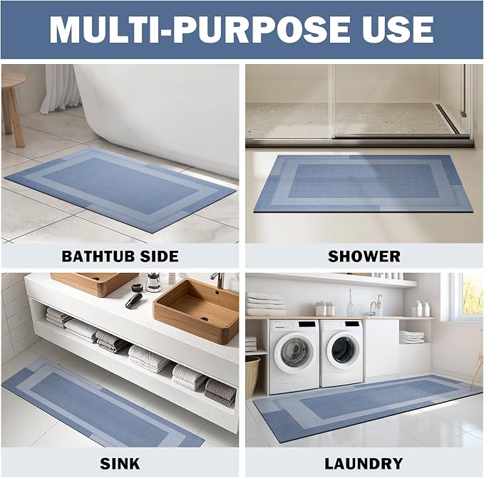 YDKGL Extra Long Non Slip Bathroom Runner Bath Mat, Rubber Backing Ultra Thin Bath Rug Fit Under Door Quick Dry Super Absorbent Washable Shower Mat for Bathroom Floor Bathtub Sink, Blue 24"x70"