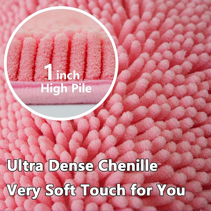 Bathroom Rugs Chenille 3-Piece Extra Soft and Absorbent Shag Bathroom Rugs, Machine Wash Mat, Strong PVC Non-Slip Underside, Plush Carpet Mats (Pink)