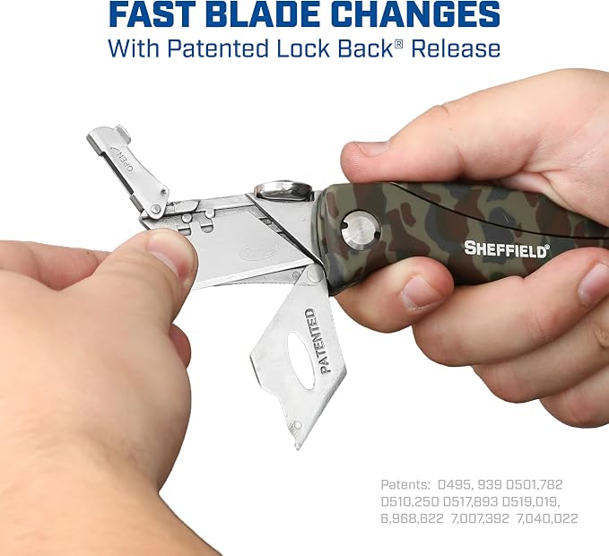 Sheffield Folding Utility Knife, Accepts Standard Utility Knife Blades, Box Cutter, Razor Blades Included, For Home, Office, Trades, and Warehouse