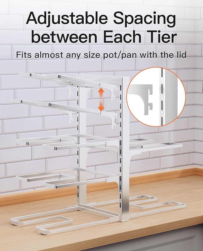 ORDORA Pots and Pans Organizer Rack for Cabinet, 15.83" Height 8-Tier Heavy Duty 120LBS Pot Pan Organizer under Cabinet Adjustable for Cast-iron Pan, Heavy Skillets Griddles, Shallow Pot, Silver