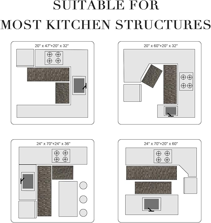Kitchen Rugs Sets of 2-Non Slip Kitchen Mats for Floor-Thick Stain Resistant Vintage Kitchen Floor Mat Runner Carpet for Hallways Entryway Laundry Room Washable（Black 24"x70"+20"x47"）