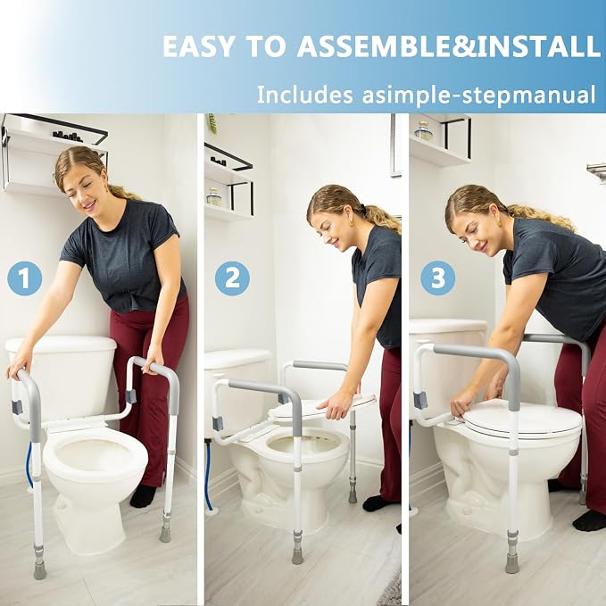 WeHwupe Toilet Safety Rails for Elderly Adults - Adjustable Bathroom Toilet Safety Frame with Handles - Stand Alone Toilet Grab Bar for Senior, Handicap & Disabled,Fits Most Toilets, White, TRX-8002
