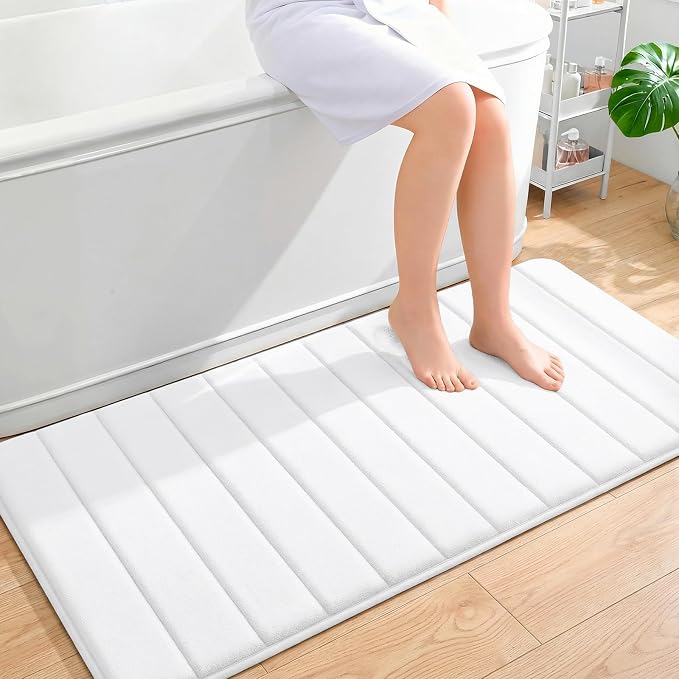 OLANLY Memory Foam Long Bathroom Rugs Runner 47x24, Super Soft Absorbent Bath Mat, Quick Dry, Machine Washable Shower Floor Rugs, Bathmat Carpet, Bathroom Home Decor Accessories, White