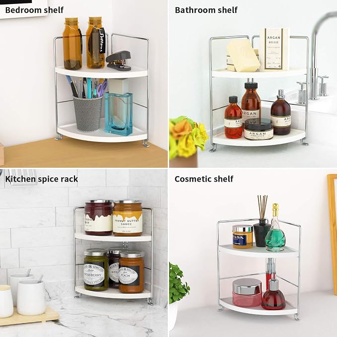 FSyueyun 2-Tier Corner Bathroom Counter Organizer, Tool-Less Installation Vanity Shelf Small Plastics Countertop Makeup Tray Skincare Perfume Organizers (Silver)