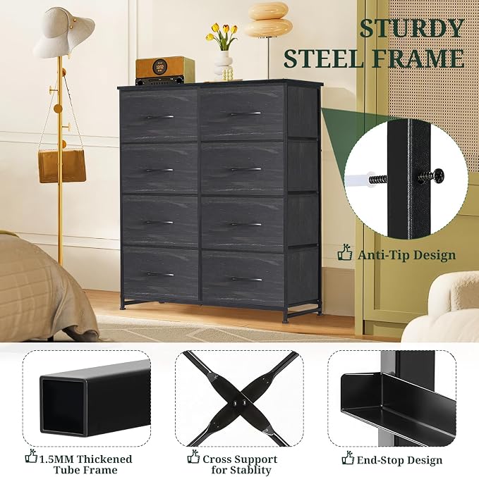 8-Drawer Dresser for Bedroom, Anti-Tip Tall Storage Organizer Chest of Drawers with Wooden Top and Metal Frame Fabric Bins for Closet, Living Room, Hallway, Entryway, Charcoal Black