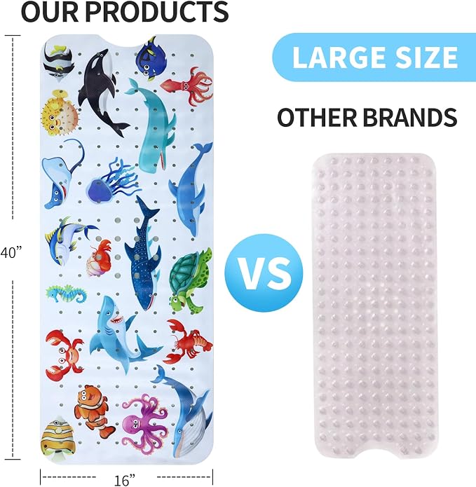 Baby Bath Mat for Tub Non Slip Kids Bathtub Mat Extra Long 40X16 Inch Toddler Bath Tub Shower Mat Anti Slip with Suction Cups & Drain Holes, Machine Washable (Ocean Animals)