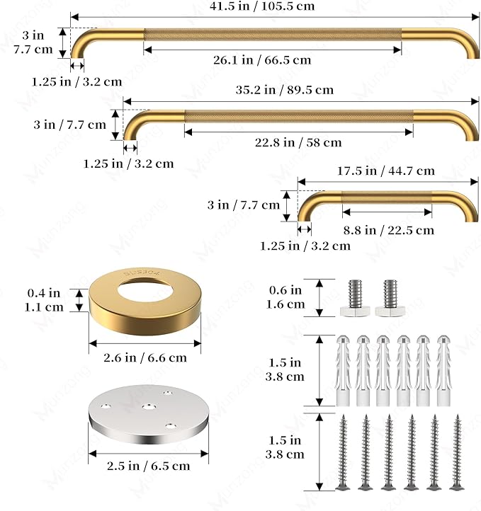 3 Pack Anti Slip Shower Grab Bar for Commercial, Munzong 18" 36" 42" Gold Bathroom Grab Bar Bundle, 1.25" Diameter Handicap Balance Bar,Safety Hand Rail for Elderly Injury Senior Assist Bath Handle