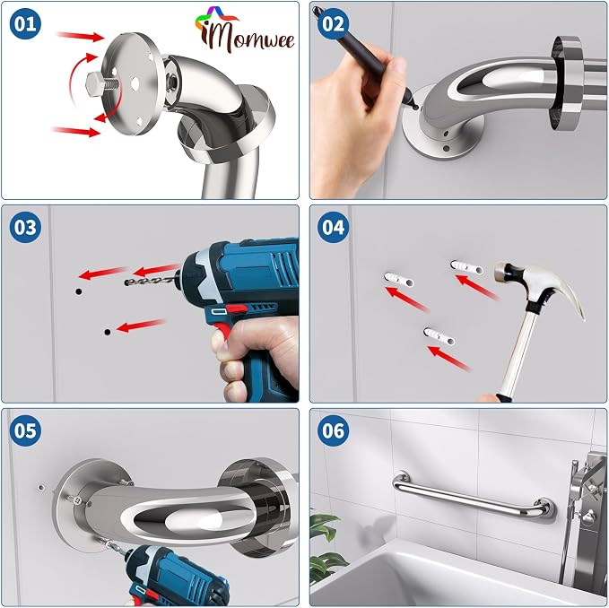 2 Pack 24 Inch Shower Grab Bar, iMomwee Chrome Stainless Steel Bathroom Grab Bar Handle, Bathroom Shower Balance Bar,Safety Hand Rail Support,Handicap Elderly Senior Assist Bath Handle(1.5" Diameter)