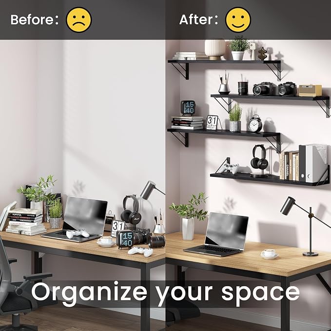 BAYKA Wall Mounted Floating Shelves, Wood Floating Wall Shelf for Books & Decor, Small Space-Saving Display & Organizer（Black，23in，Set of 4）