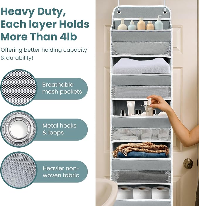 Easy Assembly Over The Door Organizer, 6 Shelves& 10 Side Pockets, Heavy-Duty Reinforced Mesh Rack Holds 44lb, Hanging Behind Door Storage for Bathroom Pantry, Nursery, Closet, Shoes, Towels-Grey