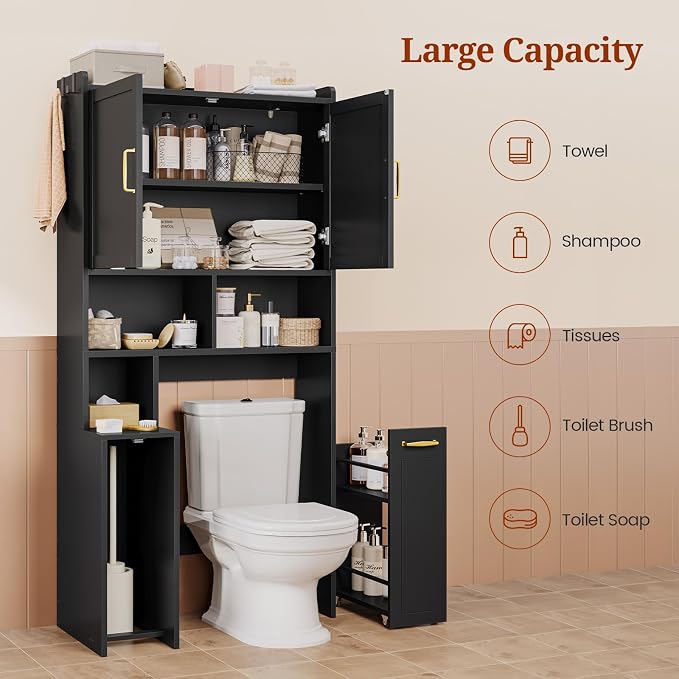 UPOSOJA Over The Toilet Storage Cabinet with Pulley Bathroom Storage Cabinet, Space Saver W/Adjustable Shelf & Open Shelf for Bathroom, Restroom, Laundry (Black)