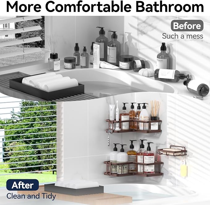YASONIC Corner Shower Caddy Adhesive, 100% Rustproof Shower Organizer with Soap Holder, No Drill Shower Shelf for Inside Shower, Wall-Mounted Shower Storage for Homes (3 Pack, Bronze)