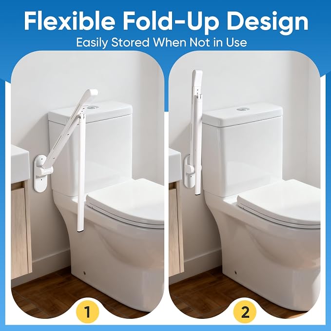 26.8 INCH Flip-Up Toilet Grab Bar with Support Leg, Wall-Mounted Safety Rail for Bathroom, Night Glow Strips on Both Sides, Folding Handrail for Elderly & Disabled