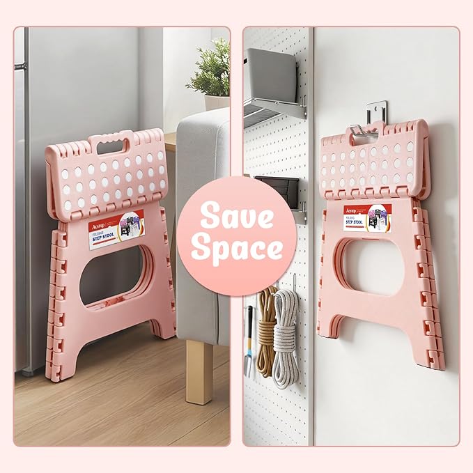 ACSTEP Folding Step Stool 11 Inch, Sturdy Plastic Foldable Step Stool for Kids & Adults, Non Slip Lightweight Collapsible Foot Stools Holds 300 lbs, Ideal for Kitchen, Bathroom, Bedroom, Light Pink