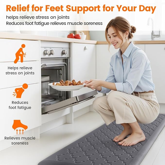 TranquilRelax 4/5 Inch Thick Anti-Fatigue Kitchen Mat Water Resistant Non-Slip Kitchen Floor Mat Ergonomic Comfort Standing Mat for Home Kitchen Office Laundry 17.3"x 47" Grey