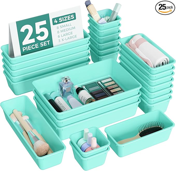 BiuLeon 25 PCS Plastic Drawer Organizers Set, 4-Sizes Vanity and Makeup Organizer, Desk and bathroom Drawer Organizer Trays, Organizers and Storage for Makeup, Jewelry, Gadgets, Utensils (Blue)