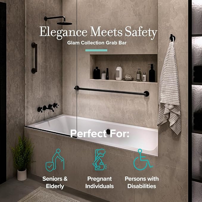 Gatco 968MX Glam 42" L Grab Bar, Matte Black/ADA Compliant Stainless Steel Safety Grab Bar for Bathroom