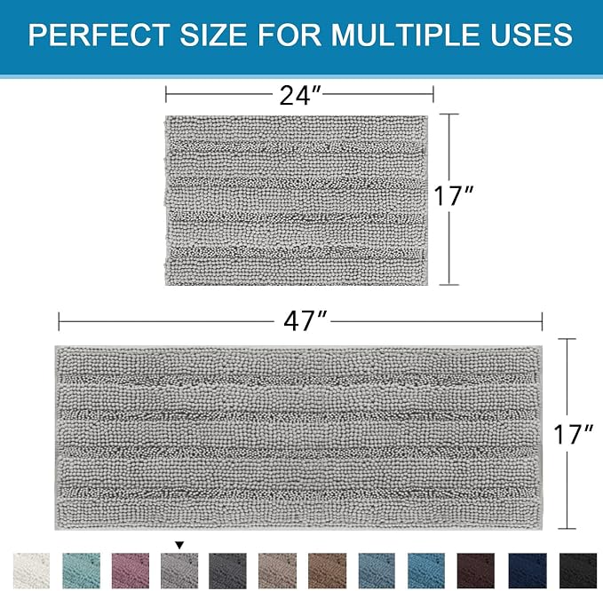 Non Slip Thick Shaggy Chenille Bathroom Rug Mat Set Extra Soft and Absorbent Striped Floor Rugs, 2 Piece, Machine-Washable