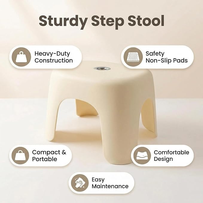 Plastic Step Stool, Heavy-Duty ABS Bathroom Shower Stool with Non-Slip Rubber Pads, Light Beige