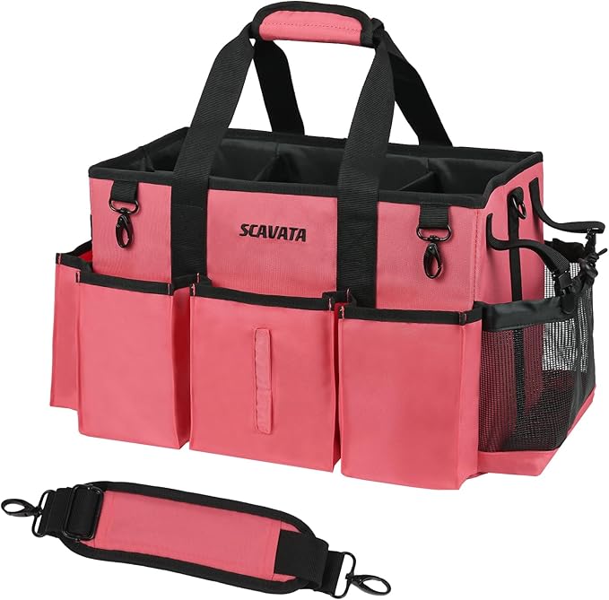 SCAVATA Wearable Cleaning Caddy Bag, Cleaning Caddy Supplies Organizer with Handle & Shoulder Straps for Housekeepers, Under Sink & Car Cleaning Tool Organizers with 4 Foldable Divider (RoseRed)