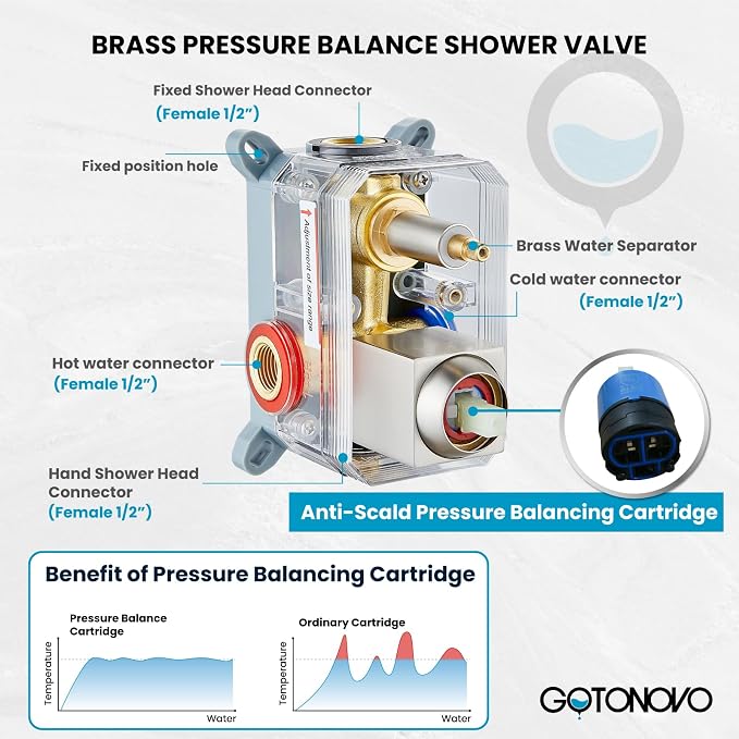 gotonovo Rainfall Bathroom Shower System Rain Shower Head and Handle Set Wall Mounted Shower Complete Combo Solid Brass Pressure Balancing Shower Mixer Valve 12 Inch Brushed Nickel