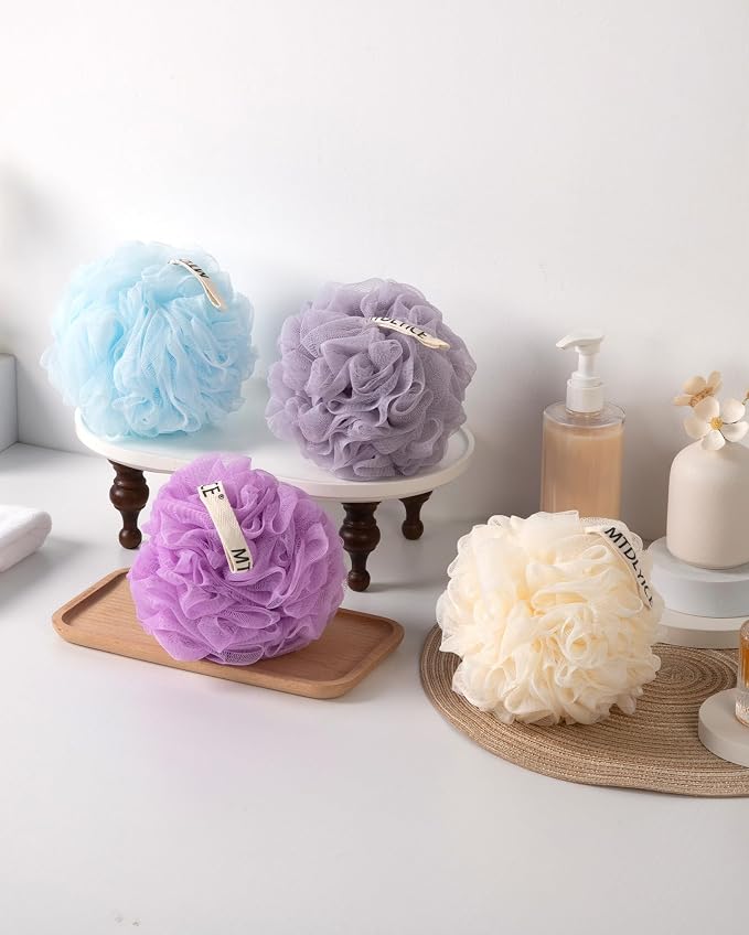 MTDLYICE Loofah Sponge, XXL Large Loofah 100g 4 Pack, Bath Sponge Soft Mesh Shower Loofah for Men, Body Scrub, Shower Pouf Bath Accessories, for Body Wash, Soap (Lavender)